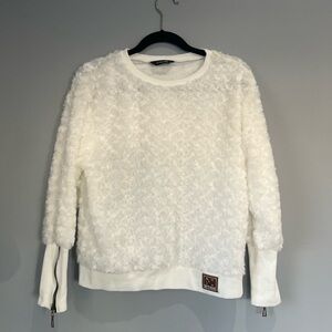 JM Collection White Textured Crew Neck Sweater